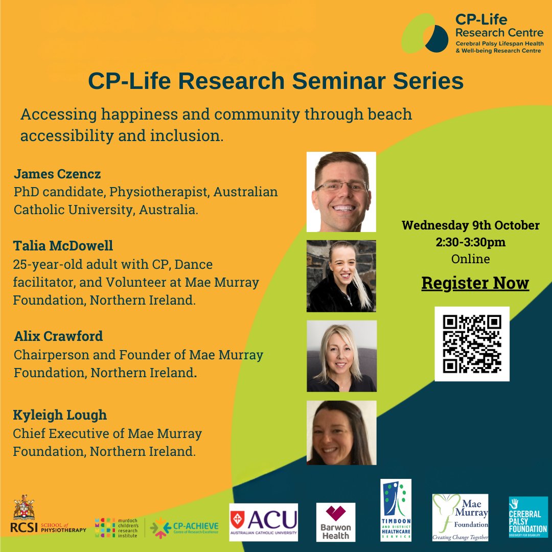 CPLife_Centre's tweet photo. Our next CP-Life Research Seminar is on 9th of October 2:30pm. 

@CzenczH  from @ACUmedia  @CpAchieve  and Talia McDowell, Alix Crawford and Kyleigh Lough from @maemurrayfdn will be talking about “Accessing happiness and community through beach accessibility and inclusion” https://t.co/JGQG47O2JD