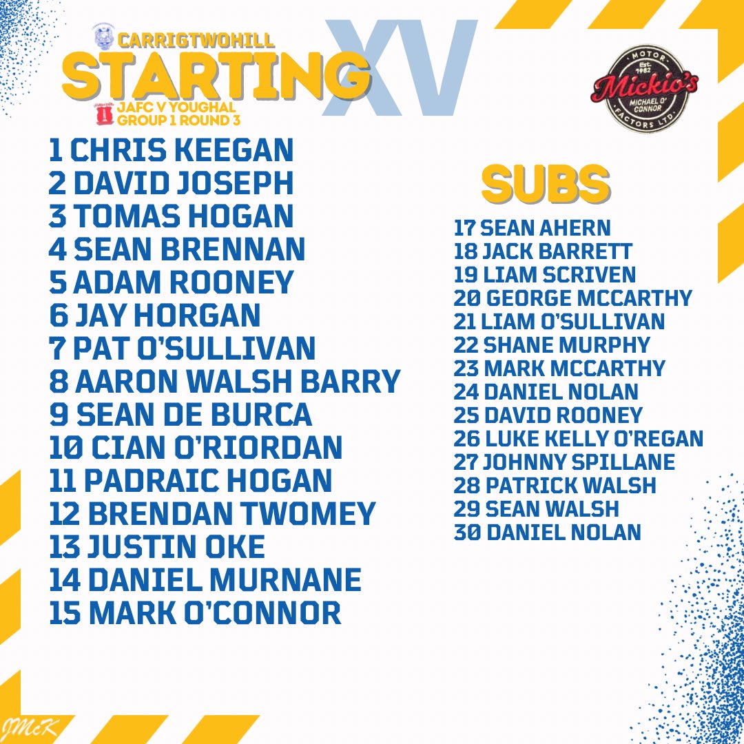 Teams for tonight’s Michael O’Connor Motor Factors Junior A Football Championship fixtures.

Last year’s champions in Lisgoold face the reigning Junior B champions Dungourney in Castlelyons, while Youghal take on Carrigtwohill in Castlemartyr.

€5 admission at the gate!
