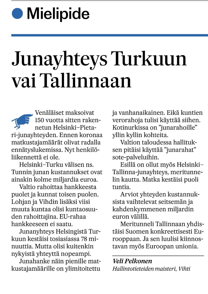 velipelkonen's tweet photo. ”Meritunneli Tallinnaan yhdistäisi Suomen konkreettisesti Eurooppaan. Ja sen luulisi kiinnostavan myös Euroopan unionia.” Länsi-Uusimaa 16.8.2024 #meritunneli  
#tunninjuna @lansirata @lohjankaupunki @VihdinKunta @Kuntalehti @Kuntaliitto @TraficomFinland @VRmatkalla https://t.co/J9CBcBZPhM