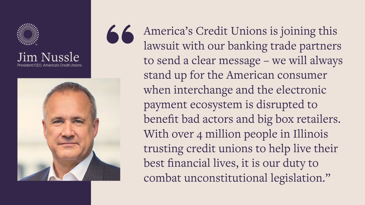 AmericasCUs's tweet photo. #ICYMI: The Illinois Interchange Fee Prohibition Act will only benefit #BigBoxRetailers. We filed a joint complaint to challenge the law and stand up for Illinois consumers and small businesses. Get more on the filing and what it means for #CreditUnions: https://t.co/fTW3f3sR02 https://t.co/fAe3sPDnz0