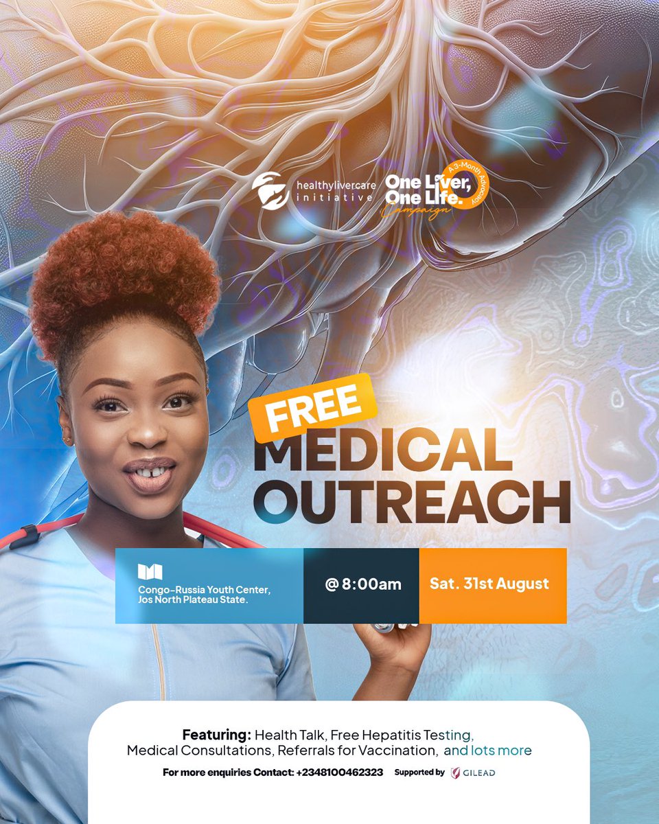 Mark your calendars for a life-changing event! 
Join us for a FREE Medical Outreach.

✨Venue: Congo-Russia Youth Center, Jos North Plateau State
✨Date: Saturday, 31st August 2024
✨Time: 8:00 AM

Prioritize your health, and be part of this impactful event!
#oneliveronelife