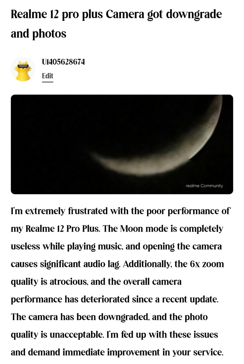 msr_gowda's tweet photo. @realmeIndia @realmecareIN The camera clarity on my Realme 12pro+ is deteriorating daily—completely unacceptable! Realme, how can you be so careless? The Moon mode is broken, and focus issues persist. This needs immediate attention! #RealmeFail #realme12proplus https://t.co/RhP7aNRTZd
