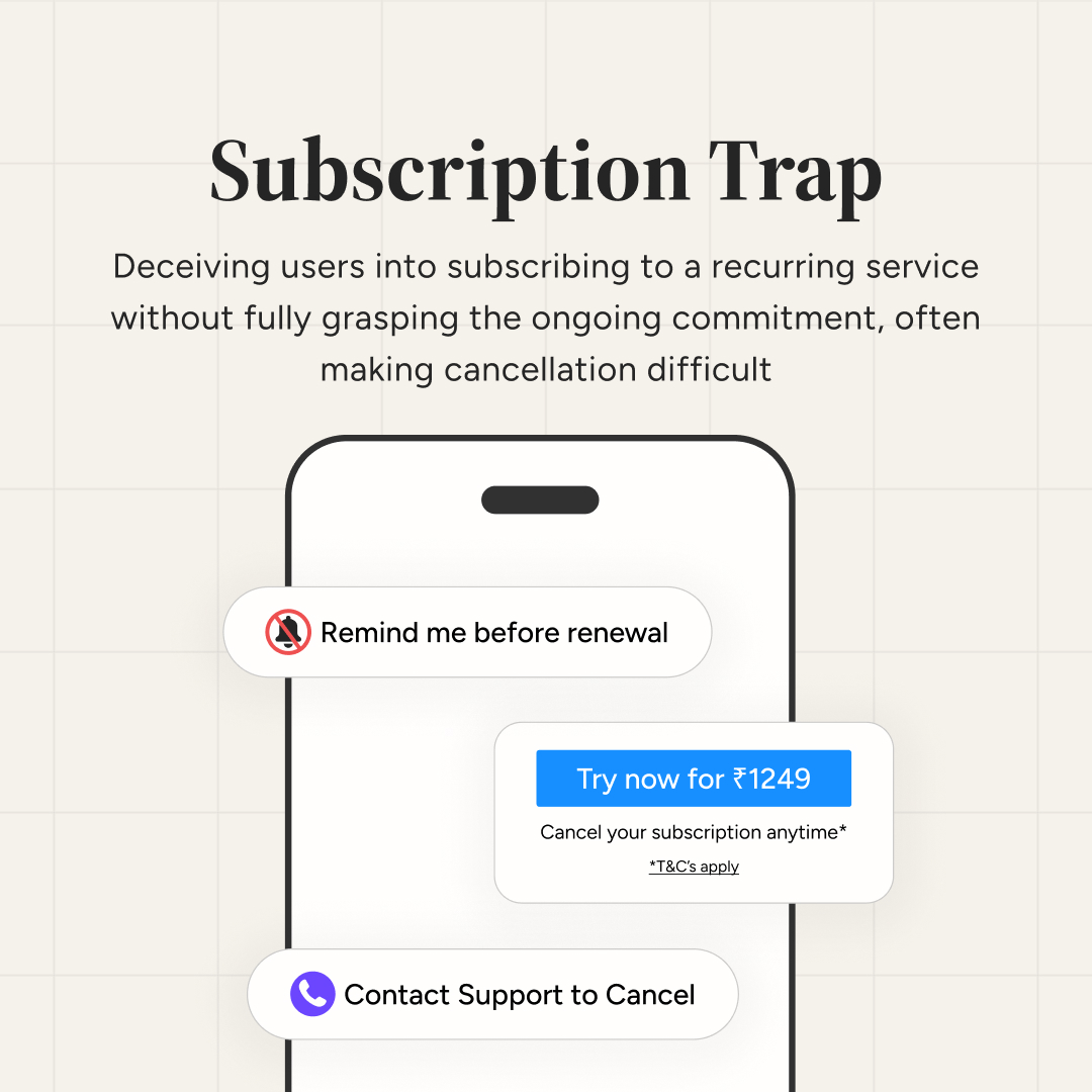 ascionline's tweet image. Avoid the Subscription Trap!

In our latest report, we have analysed how hidden subscriptions can trap users into ongoing commitments.

Click to know more: consciouspatterns.in/deceptive-patt…

#SubscriptionTrap #ASCI #ASCIAcademy #ConsciousPatterns #DarkPatterns