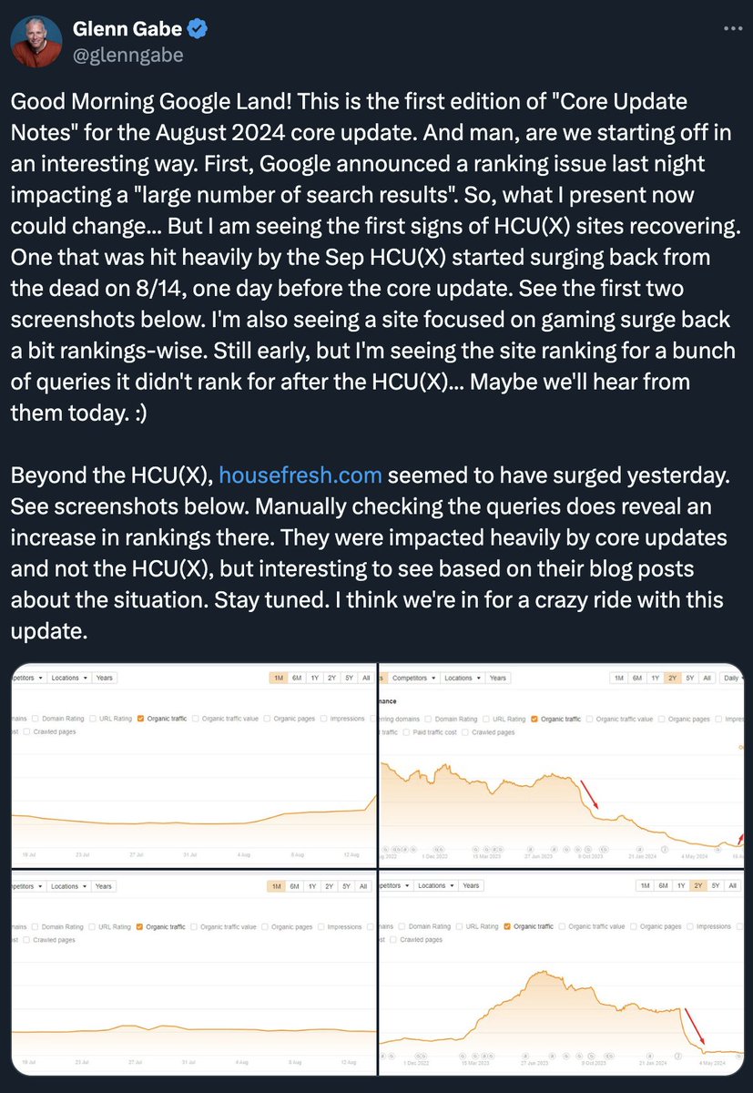 Google August 2024 core update is rolling out - will small sites start to rank again - here is what we know so far. Also note that <a href="/glenngabe/">Glenn Gabe</a> spotted some helpful content recoveries. Finally - keep in mind there is a serious ranking bug going on now. seroundtable.com/google-march-2…