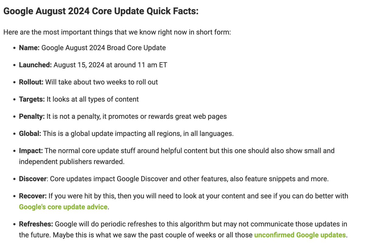rustybrick's tweet photo. Google August 2024 core update is rolling out - will small sites start to rank again - here is what we know so far. Also note that @glenngabe spotted some helpful content recoveries. Finally - keep in mind there is a serious ranking bug going on now. https://t.co/LHEDlnP9X7 https://t.co/FVrK5VRaGx