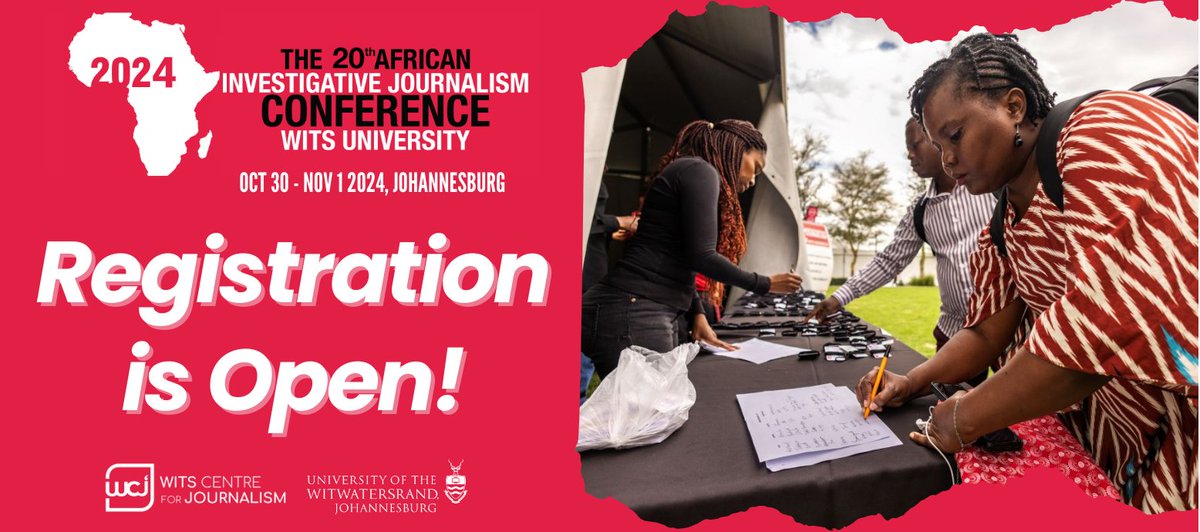 ICYMI: Registration for the 20th <a href="/AIJC_Conference/">African Investigative Journalism Conference</a> is officially open! Be sure to take advantage of the early bird special of 20% off, which runs until Aug 30. Keep an eye out for speaker announcements, coming soon.

🎟 bit.ly/3yx5Vaf
🗓 Oct 30 to Nov 1
📍 <a href="/WitsUniversity/">Wits University</a>