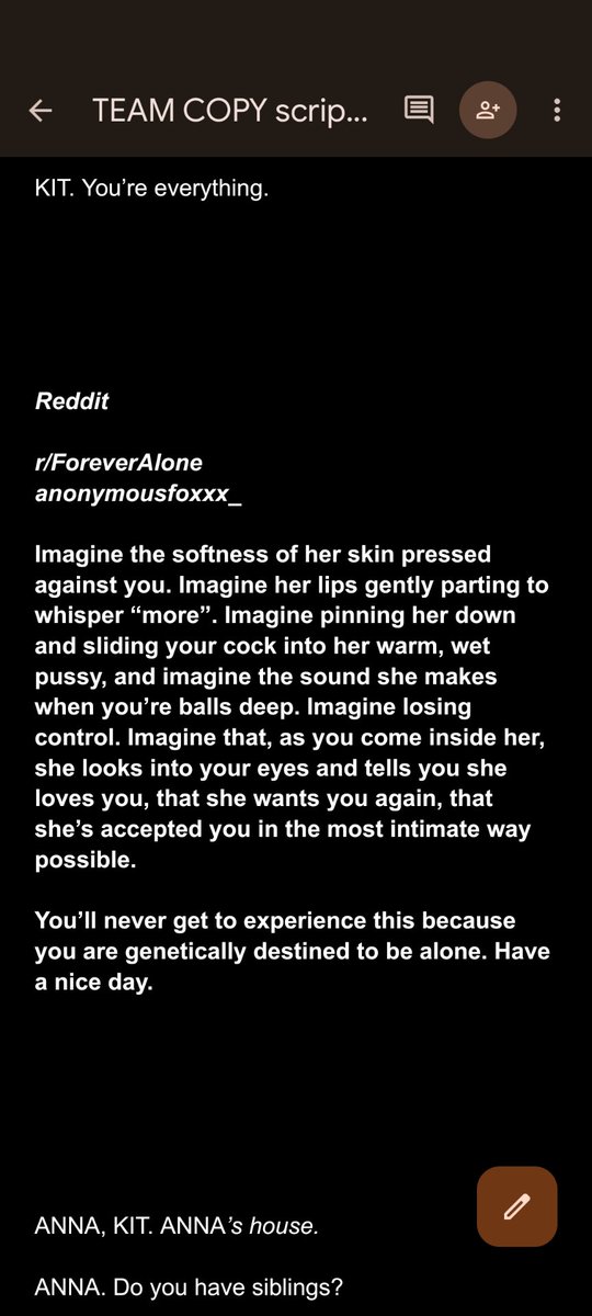 our show is all about incels, and includes inspired-by-real-life Reddit posts projected on the back

last night we had a family of 5, including 2 VERY YOUNG KIDS, walk out during this one: 

(pls read age ratings before taking your kids to a show at #edfringe 😭)