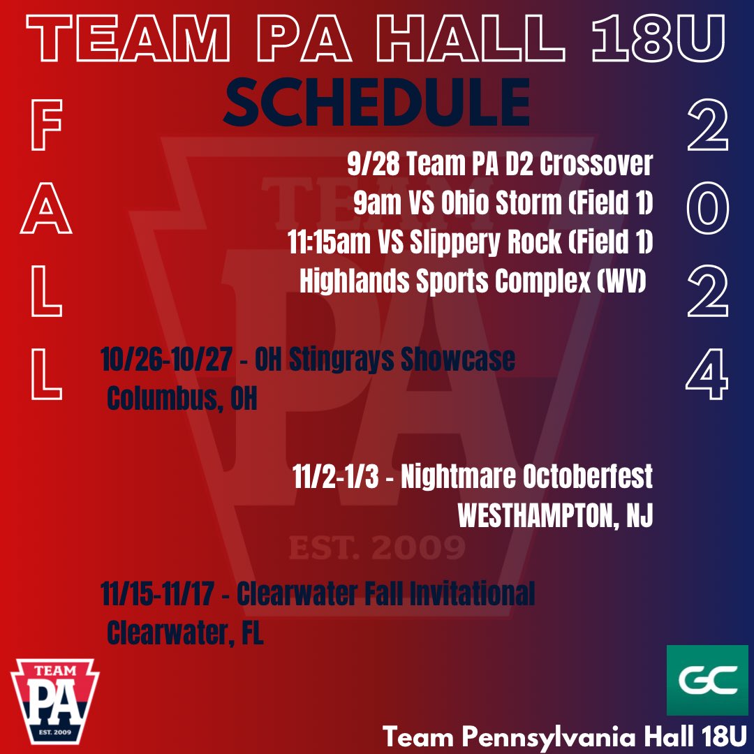 Team PA Hall 18U Fall Schedule Drop!! 🎤🎤

Don’t miss out on a chance to see this incredible team take the field this Fall on their “Last Ride” 💪💪

#teampaproud ❤️🤍💙
