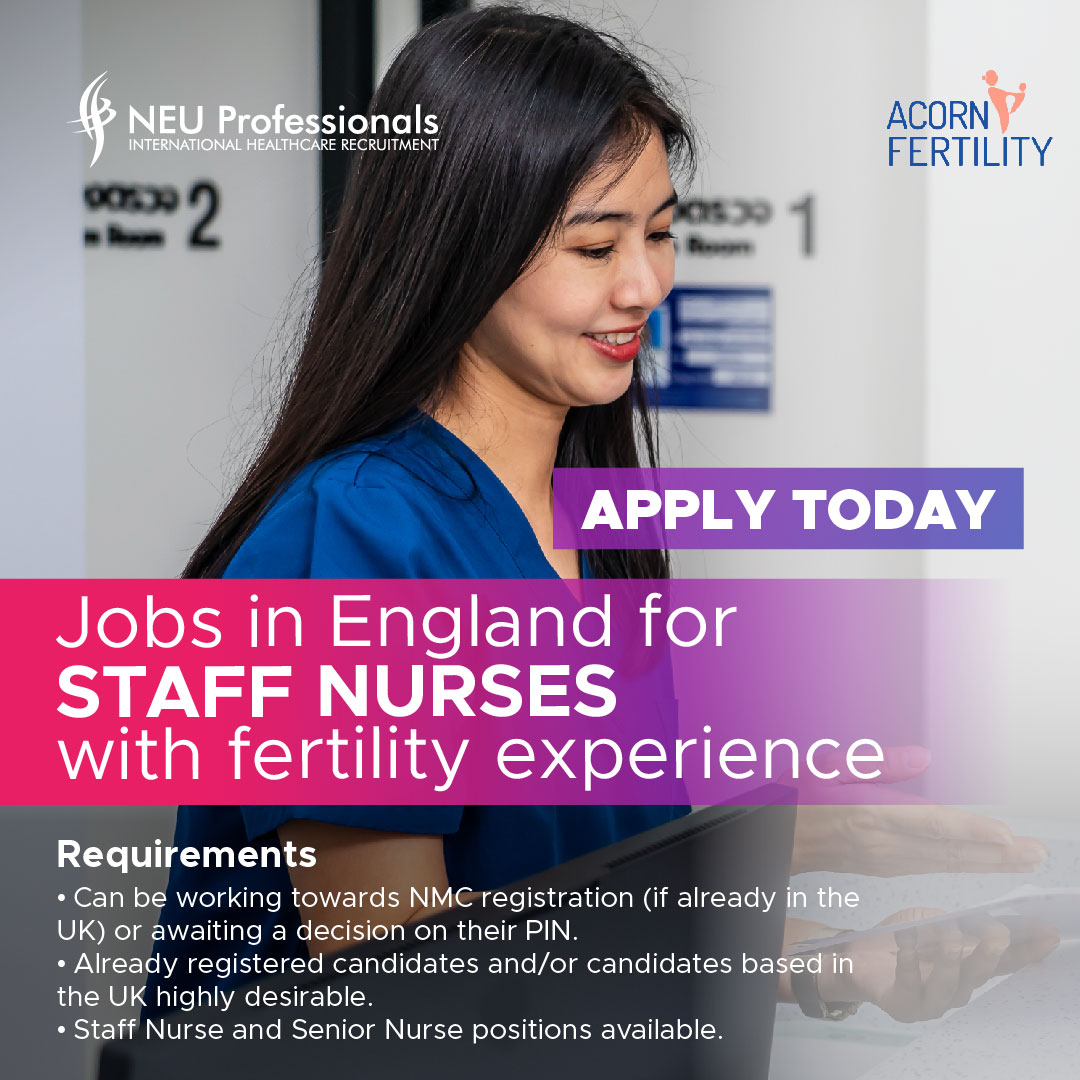 NEUProfessiona1's tweet photo. Jobs in England for Staff Nurses
Acorn Fertility is looking to recruit experienced Staff Nurses to join their oustanding team in the exciting city of London

⬇️Apply now!⬇️
Visit the following link https://t.co/mx5GAU04Uu or send us your CV at apply@neuprofessionals.com https://t.co/qk0xJjmPrA