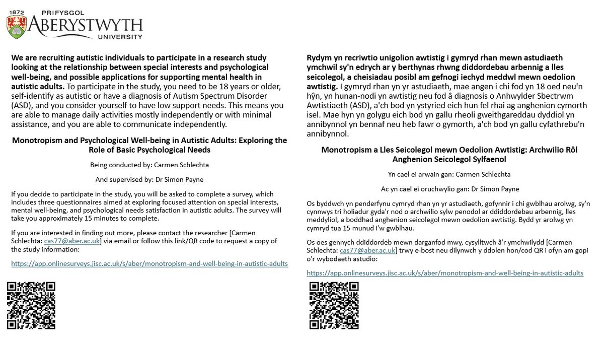 Two useful MSc projects here, recruiting participants now. Please consider RT if people in your network might want to participate (contribute to new knowledge) &amp;/or share onwards themselves😀 Thank you #autism #healthcare #healthpromotion #autismservices #wellbeing #monotropism