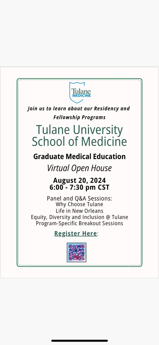 Our first open house will be held on August 20th at 6-7:30 pm. Register using the link in the QR code to learn more about <a href="/TulaneNeurology/">Tulane Neurology Residency</a>! #Match2025 #neurotwitter #neurology @NMatch2025