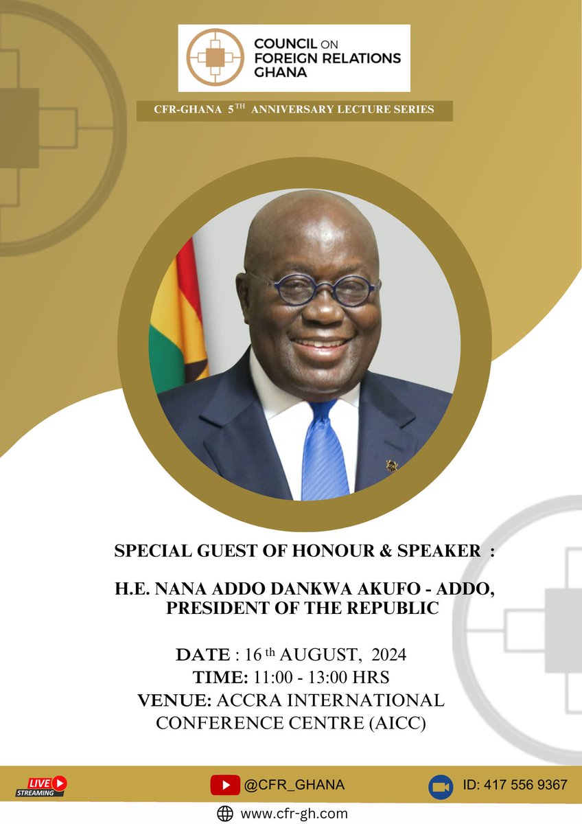 CFR_Ghana's tweet photo. 𝐂𝐅𝐑-𝐆𝐇𝐀𝐍𝐀’𝐬 𝐒𝐏𝐄𝐂𝐈𝐀𝐋 𝟓𝐓𝐇 𝐀𝐍𝐍𝐈𝐕𝐄𝐑𝐒𝐀𝐑𝐘 𝐋𝐄𝐂𝐓𝐔𝐑𝐄 𝐈𝐒 𝐋𝐈𝐕𝐄 𝐍𝐎𝐖‼️

Please find below the streaming links for our international participants and virtual attendees 

YouTube 🎥 : https://t.co/XCNEG1o2Re https://t.co/KaI9Zqoy2G