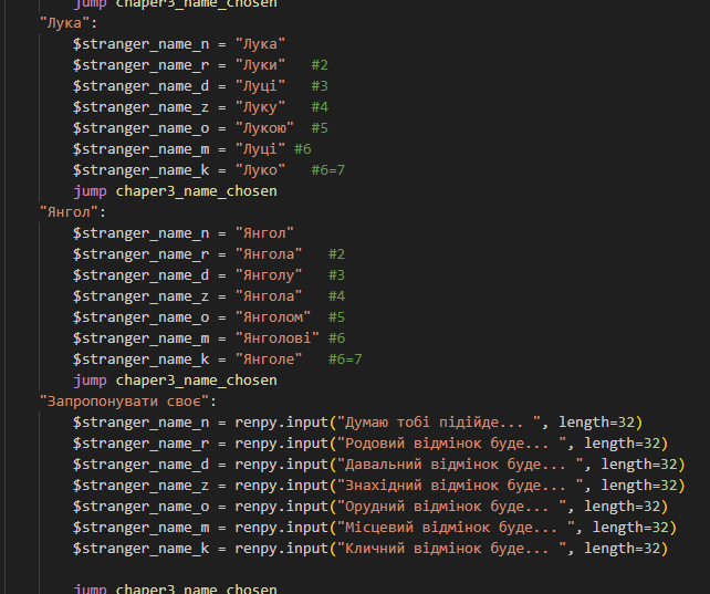 zalisgame's tweet photo. How to implement nameble character in renpy.
Ukrainian names have 7 grammatical forms, so it is a little mess, but not impossible.

#zalisgame #ZalisРомантичнаПригода
#visualnovelua #visualnovel #vn #indiedev #renpy #геймдев https://t.co/3WCGdLCkw1