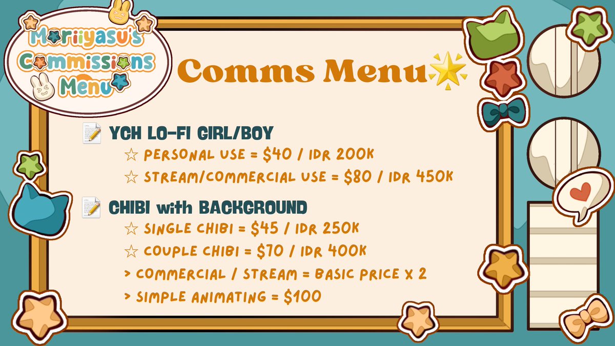 moriiyasu_'s tweet photo. [rt &amp; likes Appreciated 🌟]

🌟 Commissions Menu 🌟
☕ Welcome to the shops ! 🌼

🎶 YCH and Chibi Commissions!

Payment i accept Local Bank (BCA), Paypal and Vgen Only 🌟

Portofolio(s) here : https://t.co/nN5RYnAp0m

Details &amp; Sample below!! 
#VGenOpen #VGenComm #Comms https://t.co/13XpCSImQn