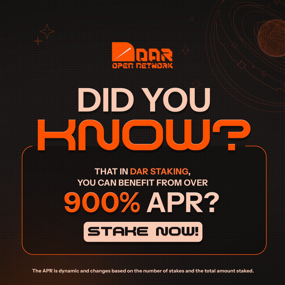 $DAR staking is ongoing with an impressive APR of 900%! 💥 

Don’t miss your chance to earn $DAR rewards. Start staking now! 🤩

app.dalarnia.com/staking