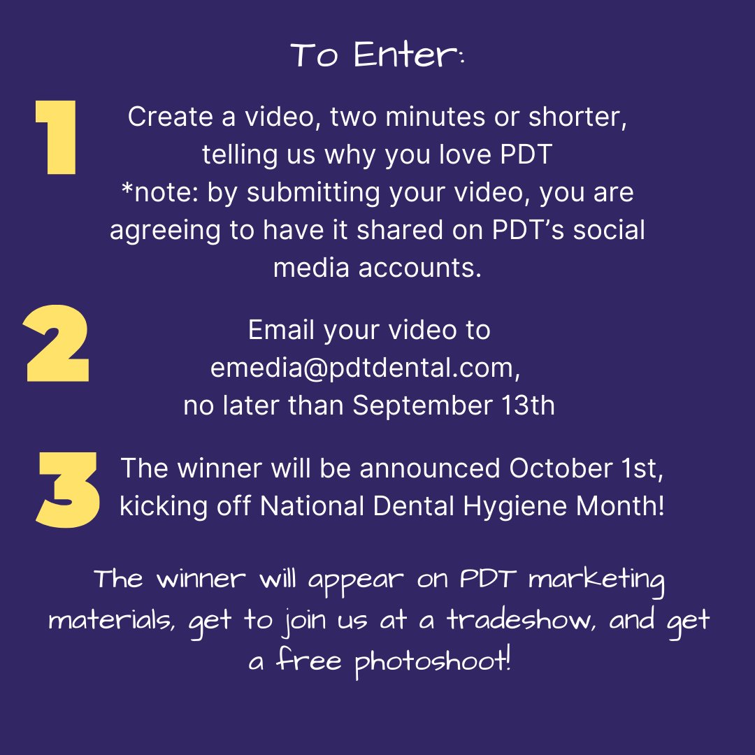 Share your love for PDT Instruments in a 2-min video, and you could be featured in our marketing materials, attend a trade show with us, and get a glam photoshoot! 📸
 
Submit by Sept 13, 2024, at emedia@pdtdental.com. Winner announced Oct 1! 🏆

#PDTInstruments #FaceOfPDT