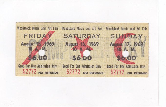 55 years ago the summer of '69. 
My wife's Woodstock complimentary tickets she received from one of the event organizers looking for pretty women. $6 per day, be $600 today.