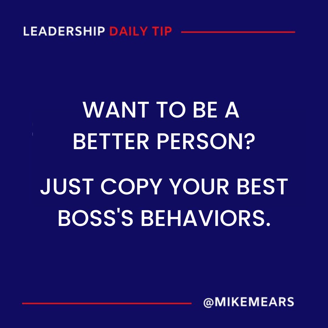 Mike Mears (@leadmears) on Twitter photo More than 200 employees told me stories about their best bosses. The behaviors fit into 4 categories. They provide a roadmap to be a better boss… and a better person.
Read more: linkedin.com/pulse/want-bet…
#leadership #management More than 200 employees told me stories about their best bosses. The behaviors fit into 4 categories. They provide a roadmap to be a better boss… and a better person.
Read more: linkedin.com/pulse/want-bet…
#leadership #management