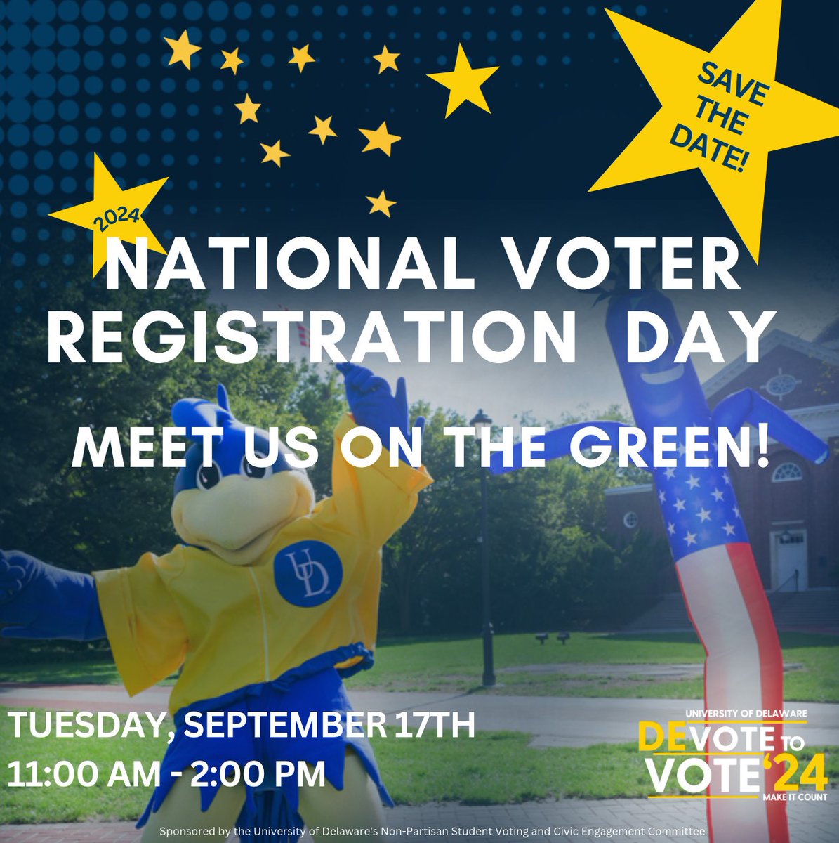UDBidenInst's tweet photo. Are you #VoteReady? Get ready and registered between classes on #NationalVoterRegistrationDay!
Meet us on the Green from 11am - 2pm on Tuesday, September 17th. #UDevotetoVote #UDMakeItCount https://t.co/6TvRMbqMlc