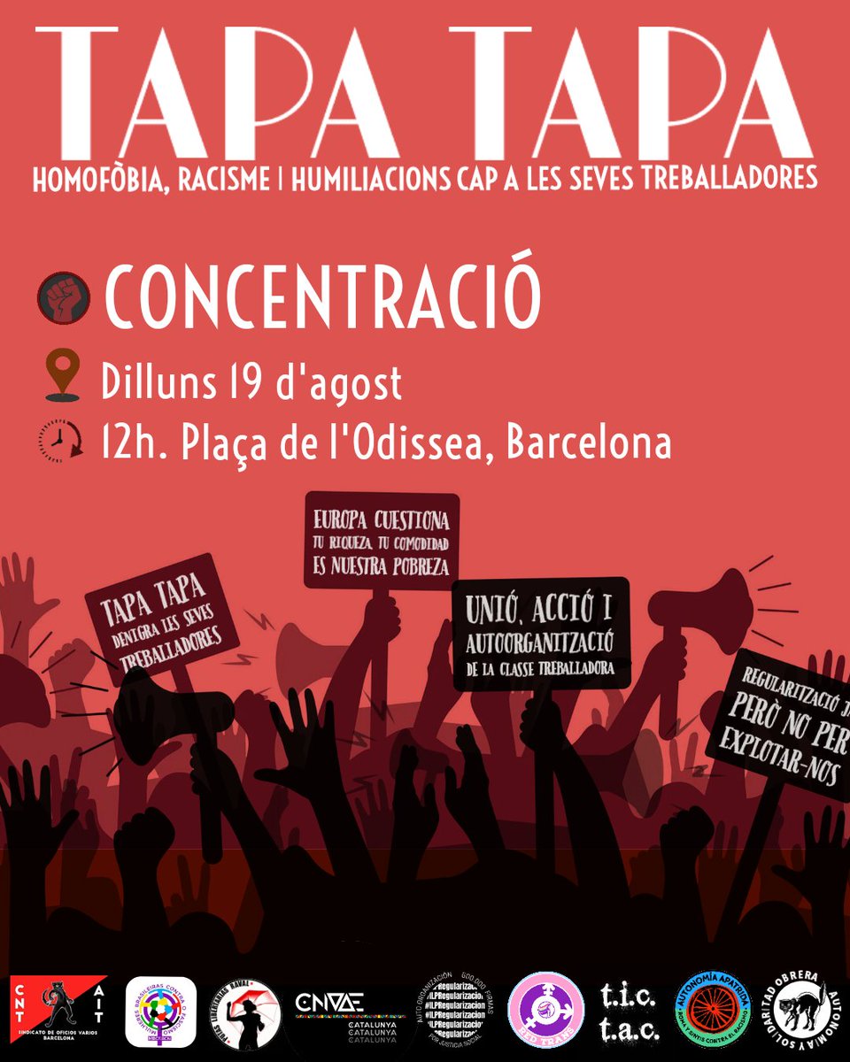 Ante el trato humillante, racista y homofóbico por parte del subdirector del bar Tapa Tapa del Maremagnum hacia un trabajador.

Convocan:
t.i.c. t.a.c. Antiracista
CNAAE CAT
Autonomía Apátrida 
CNT-AIT
Red Trans
MBCF
Putas Libertarias del Raval
Regularización Ya!

#BoicotTapaTapa