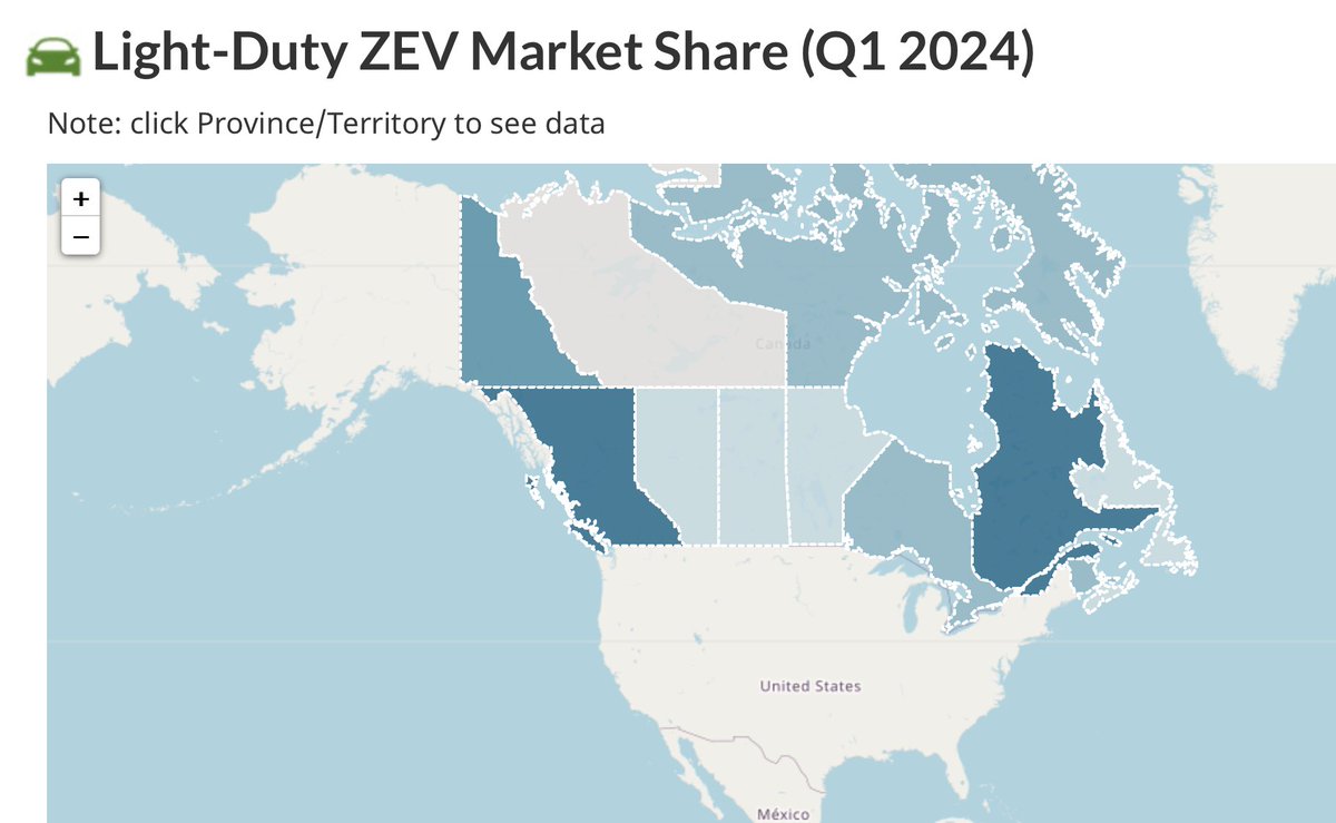 DBretonEMC_MEC's tweet image. Q1 2024 light-duty ZEV sales in Canada: 12,5%

ZEV sales were at 12,5% during Q1 2024 VS 11,7% for the year 2023.

QC: 28,3%
BC: 22.7%
Yukon: 11.4%
PEI: 8.2%
Ont: 7.9%
NB: 7.2%
Man: 4.8% 
Alb: 4.4%
NS: 4.3%
Sask: 2.8% 
NFL: 2.6%

ZEV Council dashboard: tc.canada.ca/en/road-transp…
