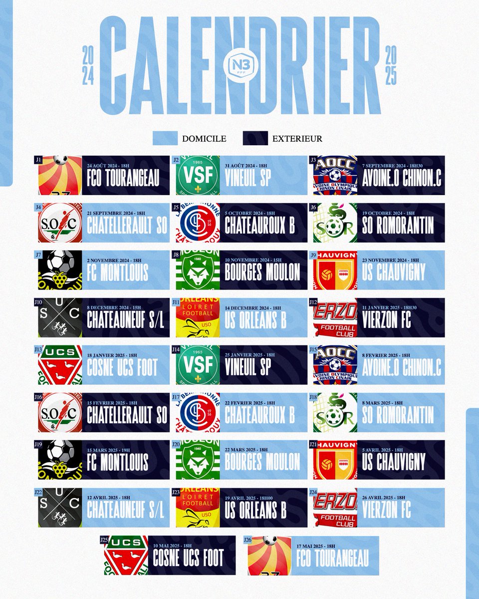 À l’approche du coup d'envoi du championnat National 3, découvrez 𝒍𝒆 𝒄𝒂𝒍𝒆𝒏𝒅𝒓𝒊𝒆𝒓 𝒄𝒐𝒎𝒑𝒍𝒆𝒕 de nos Chartrains ! 🔍📅

#National3 #AllezChartres 🔵⚪️