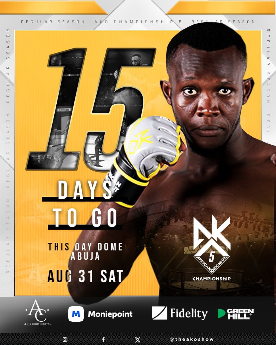 TheAKOShow's tweet image. 15 𝐃𝐀𝐘𝐒 𝐓𝐎 #AKO5 🔥

Join us live @ THIS DAY DOME 🏟️ on 🗓 Sat. Aug. 31st.

Get Tickets 🎟 @nairabox 🔗link in bio

#AfricanKnockout #MMA #AKOChampionship #AKO #Abuja #Nigeria