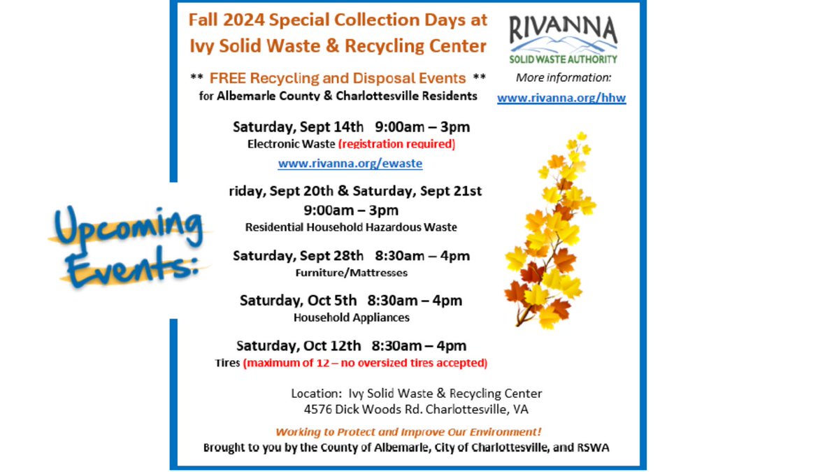 Don't forget the Rivanna special waste collection dates coming this fall!
Learn more here:
rivanna.org/hhw/