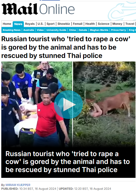 silupescu's tweet photo. "Turista russo in Thailandia tenta di stuprare una vacca ma viene incornato ed è salvato dai poliziotti increduli".
La notizia perfetta esiste. https://t.co/ktHepvpKiU