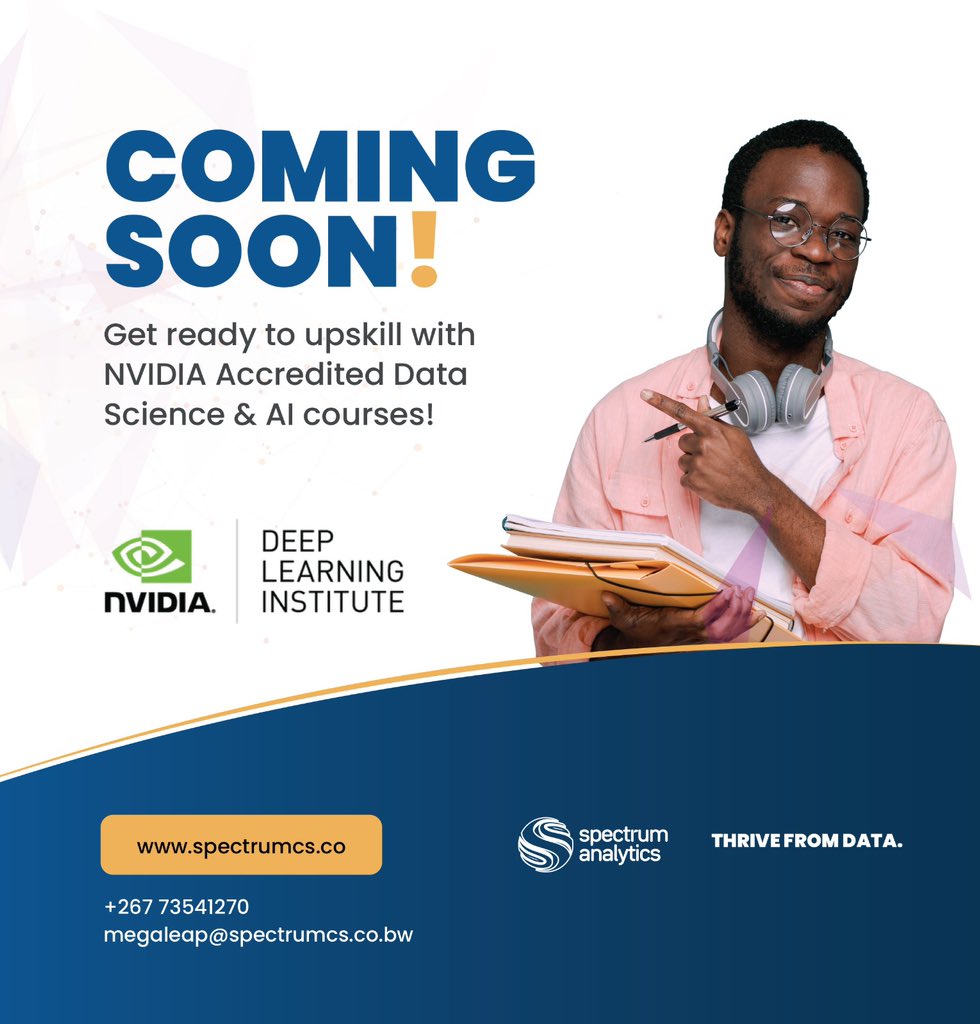 SpecAnalyticsBW's tweet photo. Exciting Opportunity Ahead!
Get ready to elevate your skills with our upcoming NVIDIA Accredited Data Science & AI Courses! Thrive in the world of data and stay tuned for more details! #SpectrumAnalytics #Thrivefromdata #MegaLeap #DataScience #Upskill #NVIDIA https://t.co/hrczzC1CFC