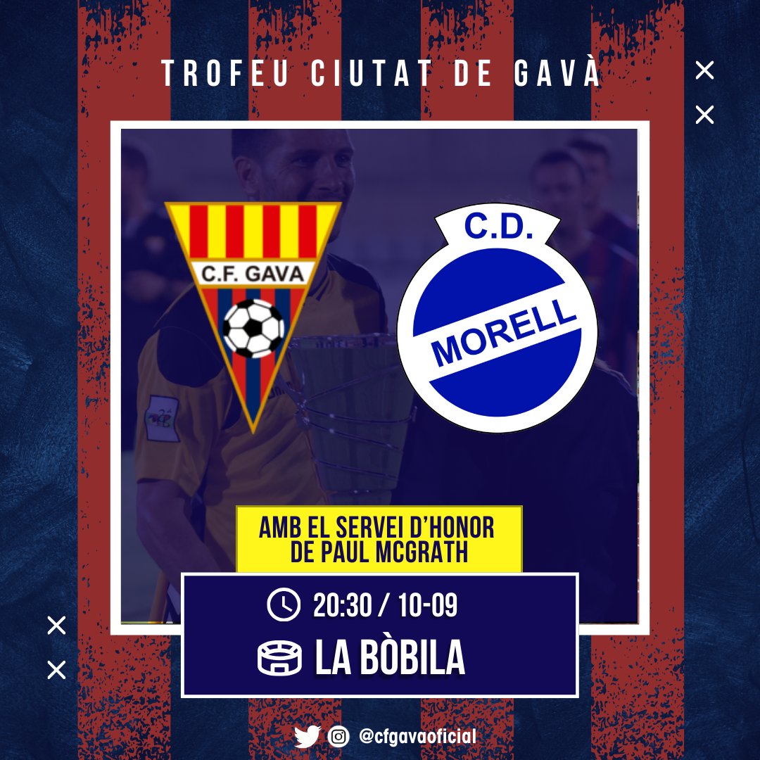 cfgavaoficial's tweet photo. TROFEU CIUTAT DE GAVÀ |

🏆 Aquesta temporada, torna el Ciutat de Gavà! 

🏟️ El disputarem a La Bòbila, davant el @CDMorell.

⭐️🏃‍♂️Tindrem el servei d'honor de l'atleta olímpic gavanenc @PaulMcGrathinho.

❤️💙 Us hi esperem a tots!

#SentimentBlaugrana https://t.co/G0kpzG3Uci