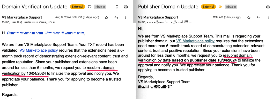 marcenglund's tweet image. Hey @vs_marketplace, was support replaced by an AI, or what's going on?
- We were already verified back in April.
- I resubmitted and replied last week; no response.
- What does "by date based on publisher date 10/04/2024" exactly?
- Does "by" mean "after" in your language?