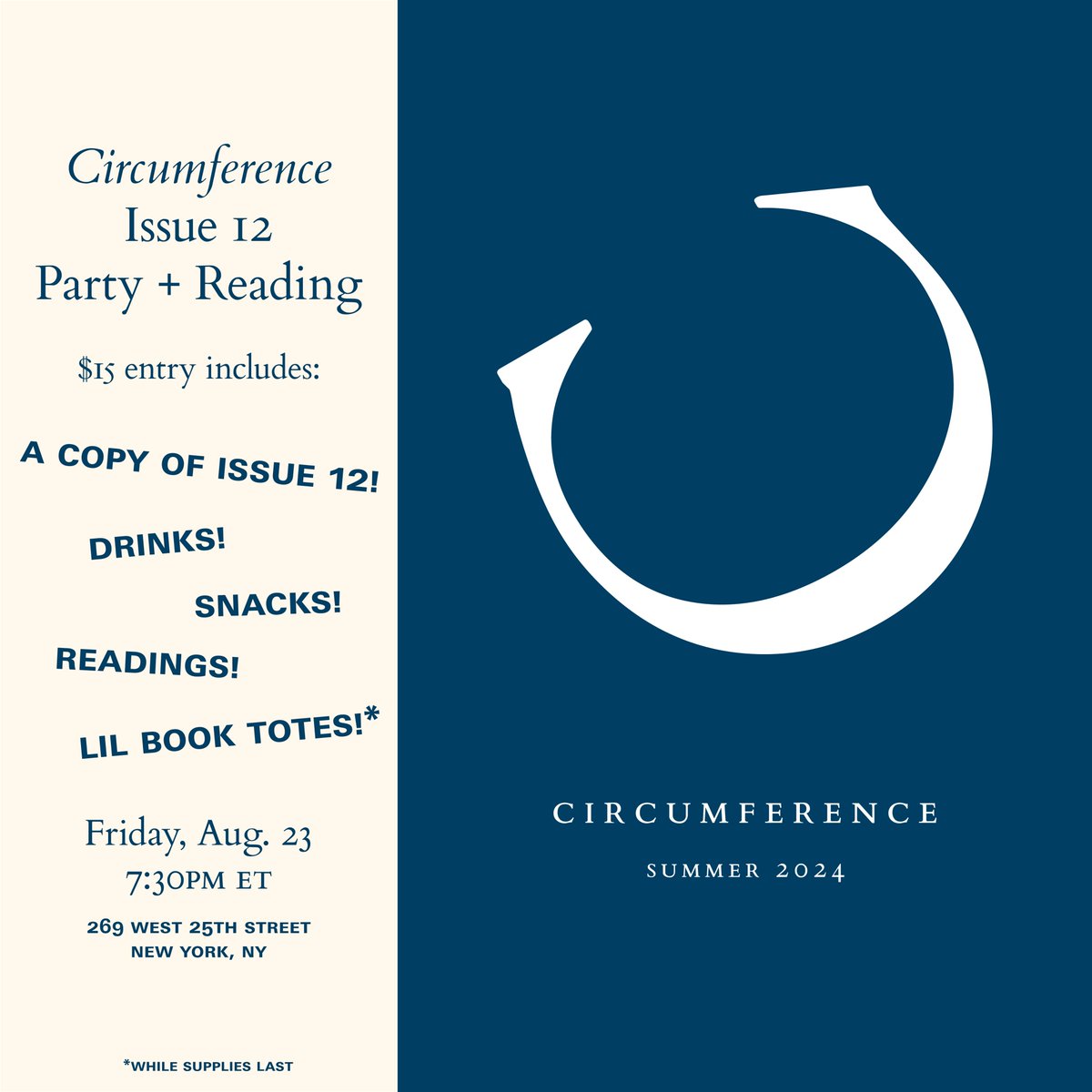 Circumference (@circmag) on Twitter photo Come out Friday, 8/23 to help us celebrate Issue 12!
Readings by: <a href="/Tiddlebits/">Simon Leser</a>, @mayadamayadamay, Emma Lloyd, Julieta Vittore, and <a href="/nsglastonbury/">nick glastonbury</a> for <a href="/kiracecilia_/">Kira Josefsson</a> Come out Friday, 8/23 to help us celebrate Issue 12!
Readings by: <a href="/Tiddlebits/">Simon Leser</a>, @mayadamayadamay, Emma Lloyd, Julieta Vittore, and <a href="/nsglastonbury/">nick glastonbury</a> for <a href="/kiracecilia_/">Kira Josefsson</a>