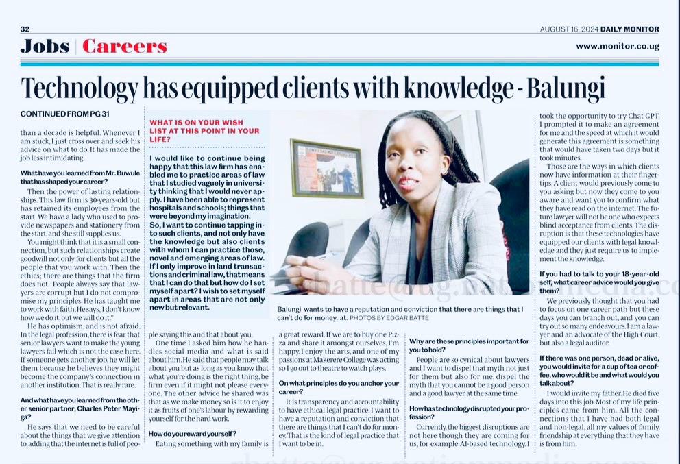 Today's copy of the <a href="/DailyMonitor/">Daily Monitor</a>  monitor features our <a href="/BeingBalungi/">Balungi Jackie</a>, who shares snippets of her journey towards becoming a lawyer.

<a href="/CentenaryBank/">Centenary Bank</a> <a href="/NsambyaHospital/">St. Francis Hospital Nsambya</a> <a href="/LubagaHospital/">Lubaga Hospital</a> <a href="/MakerereLaw/">Makerere Law School</a> <a href="/MakerereCollege/">MAKERERE COLLEGE SCHOOL</a> <a href="/K2telecomug/">K2 Telecom Uganda</a> <a href="/Kisubi_Mapeera/">Kisubi Mapeera SS</a> <a href="/SeetaHigh/">Seeta High Schools</a> 

#BUMAAT30