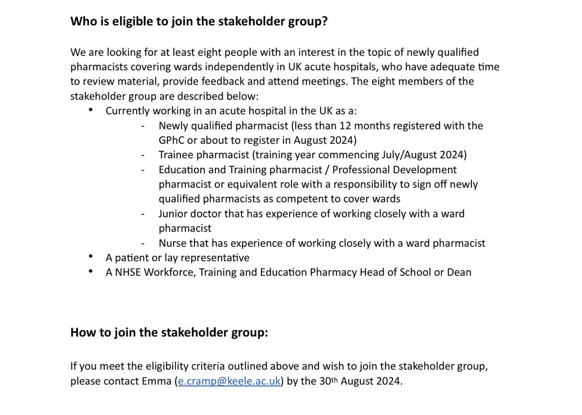 EmmaCramp's tweet photo. To help guide my Doctorate research project, I am looking for 8 people to join a stakeholder group. I am researching newly qualified pharmacists competence in UK acute hospitals. Details in the picture. Deadline for expressing interest is 30th August. #PharmacyResearch #Education https://t.co/MpL4xBn0qE