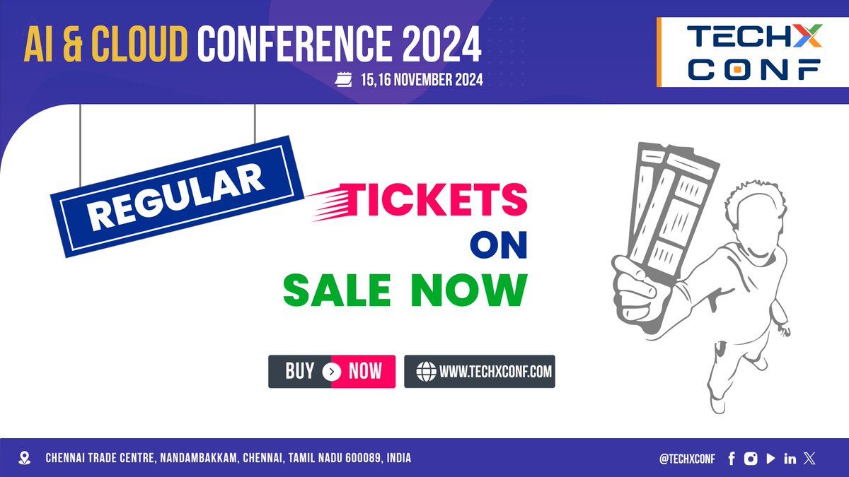 TechXConf's tweet image. 🎟️ Regular Tickets Available Now! 🚀
Join us at TechXConf 2024 in Chennai on Nov 15-16. Don’t miss out on Asia’s premier AI & Cloud Conference—grab your tickets today!
👉 Secure your Regular Tickets today: techxconf.com/?utm_source=tw…
#TechXConf2024 #TechXConf #TechX2024 #TechX
