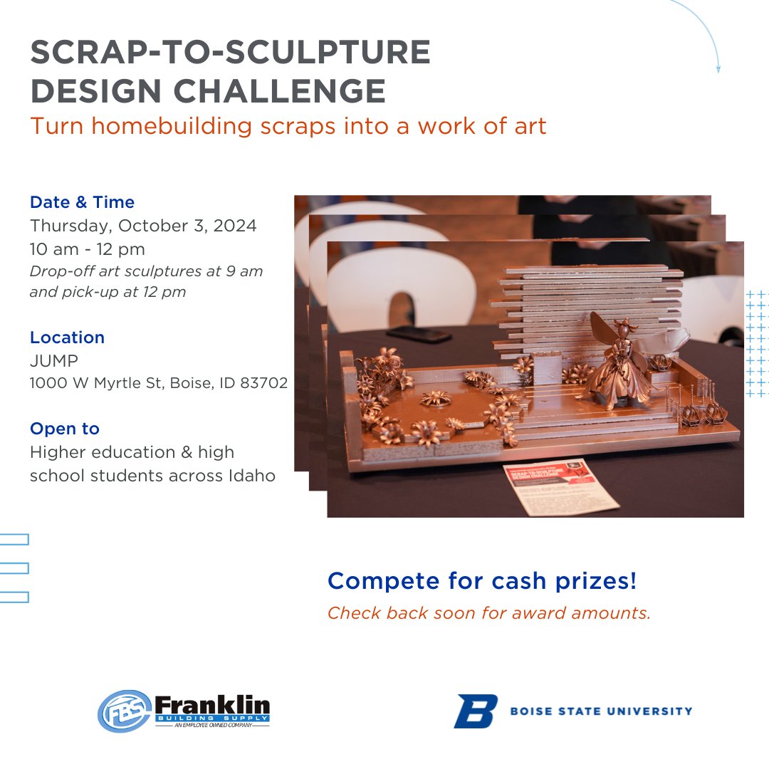 CI+D (@boisestatecid) on Twitter photo 🛠️ Can you turn a box of homebuilding material scraps into a piece of artwork? The Scrap-To-Sculpture challenge is designed for budding artists and craftspeople with a knack for building things!
📅 Oct 3 <a href="/BOIEntrepreneur/">Boise Entrepreneur Week</a>
📍 <a href="/JUMPboise/">JUMP Boise</a>
🔗 Apply: forms.monday.com/forms/72f2df62… 🛠️ Can you turn a box of homebuilding material scraps into a piece of artwork? The Scrap-To-Sculpture challenge is designed for budding artists and craftspeople with a knack for building things!
📅 Oct 3 <a href="/BOIEntrepreneur/">Boise Entrepreneur Week</a>
📍 <a href="/JUMPboise/">JUMP Boise</a>
🔗 Apply: forms.monday.com/forms/72f2df62…