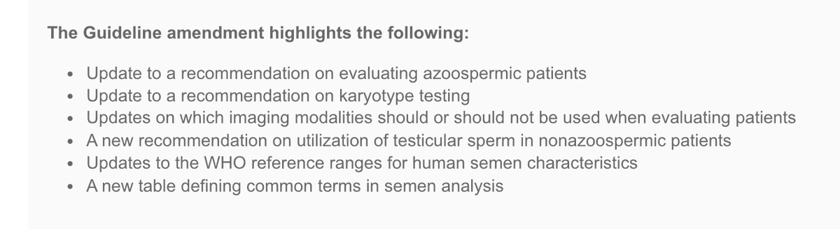 Important #malefertility guideline updates 🚨🚨

As a first-time peer reviewer of a <a href="/AmerUrological/">Amer. Urol. Assn.</a> <a href="/ASRM_org/">ASRM</a> guideline amendment, I've been waiting to see the final publication and it does not disappoint. 

Some highlights below