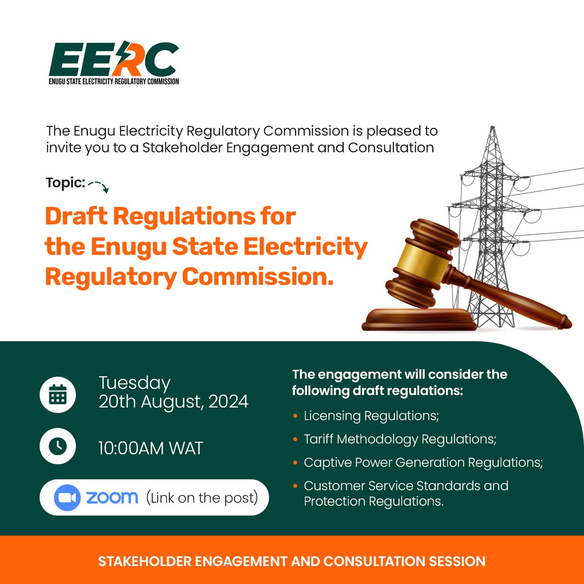 enuguerc's tweet photo. We are pleased to invite you to our Stakeholder Engagement and Consultation on "Draft Regulations for the Enugu State Electricity Regulatory Commission"

Date: Tuesday, August 20th, 2024.
Time: 10am

To join the conversation, kindly use the zoom link below: https://t.co/0htMQLlBG0
