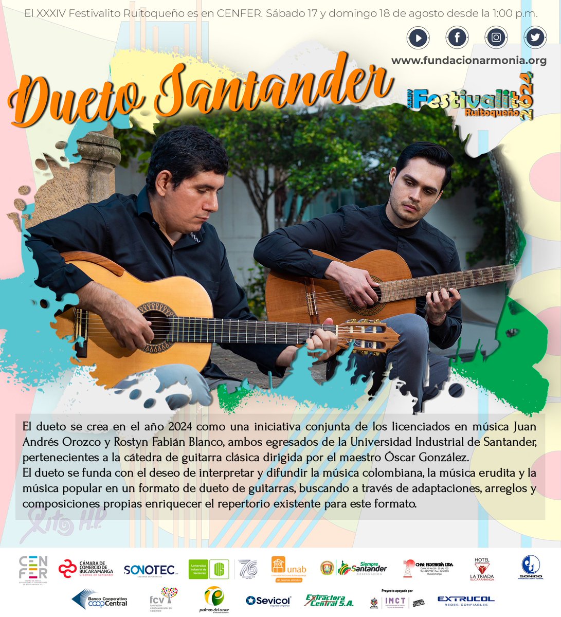 Elfestivalitoo's tweet photo. #Festivalito2024
La guitarra de la mano del Dueto Santander presente este fin de semana en la edición XXXIV del Festivalito Ruitoqueño. 

Boletas en la taquilla de #CENFER sábado 17 y domingo 18 de agosto. 

¡Los esperamos! https://t.co/CrxSvgOfDk