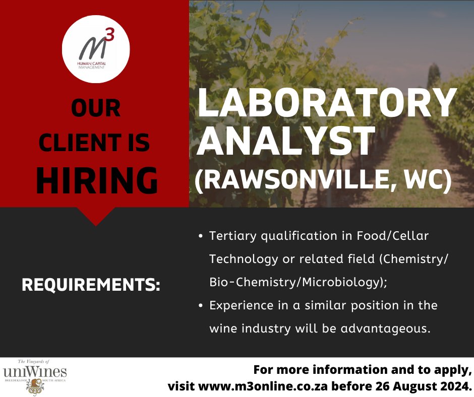 M3Capital's tweet image. VACANCY: Laboratory Analyst

Follow the link for more information, full requirements and to apply: jobs.m3online.co.za/sys/jobDetails… 

#laboratoryanalyst #labanalyst #jobsinwine #applynow #vacancy #uniwinesvineyards #rawsonville #breedekloof #westerncape