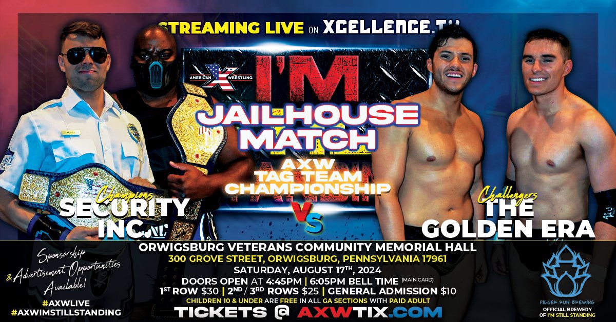 SecurityIncPro's tweet image. TOMORROW NIGHT! @Official_AXW presents #ImStillStanding, where we will put Golden Era on Lockdown AGAIN… but in a more literal sense this time, because it is a JAILHOUSE MATCH! 🚔

We are YOUR Tag Team Champions, Security Inc., #ReportingForDuty 🚨

🎟️: AXWTix.com