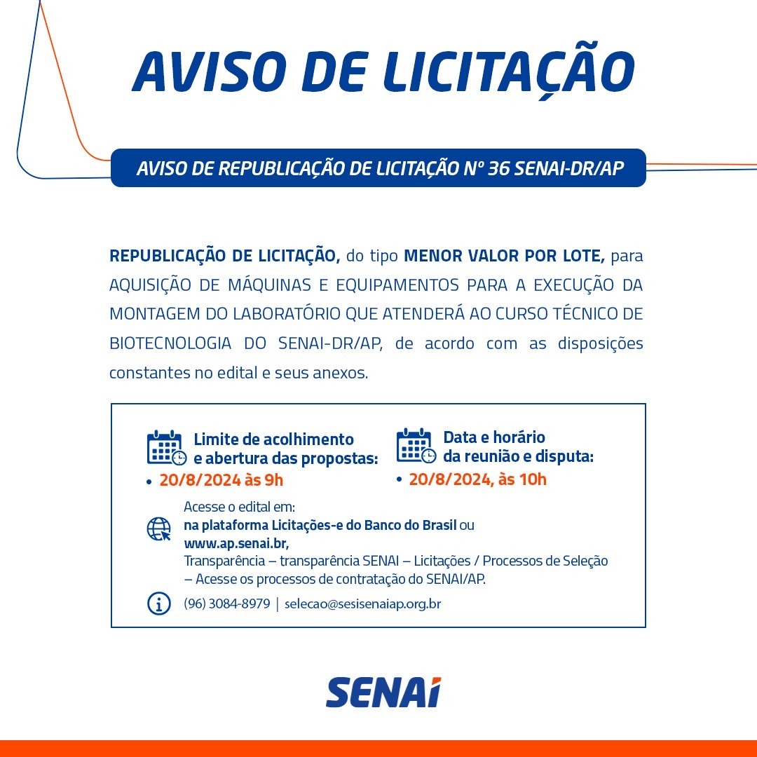 SenaiAmapa's tweet photo. Seleção aberta para fornecedores.

Acesse o edital no site https://t.co/A5sdAd4QTs, de acordo com as instruções do post.

Informações pelo número (96) 3084-8979 ou pelo e-mail selecao@sesisenaiap.org.br

#fornecedor #contratação #chamamentopúblico https://t.co/SDoVuC5qKJ