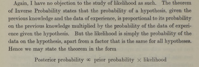 HOS_ASA's tweet photo. In Aug 1934 ‘likelihood’ was first used in a Bayesian context by Harold Jeffreys. He wrote what he called the "the theorem of Inverse Probability" as the Posterior Probability proportional to (Prior Probability × Likelihood)
Jeffreys H 1934. Proc Royal Soc Lond A, 146, 9-16 https://t.co/PjCwH4hFQk