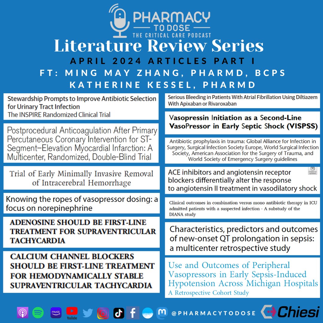 PharmacyToDose's tweet image. 🚨NEW POD ALERT 🚨
April 2024 Literature Review Series 
Ft: Ming May Zhang @amayzhanggg and Katherine Kessel

INSPIRE 🦠
RIGHT 🫀
ENRICH 🧠
DOAC DDI in AF 🩸
VISPSS 💉
Low v high ICU BP targets 📈
Incorporating DEI 🌟
&amp;amp; much more!

🍎 podcasts.apple.com/us/podcast/pha…