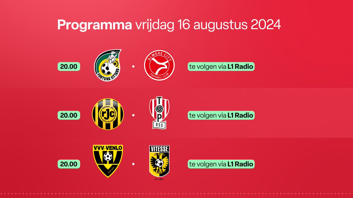 Drie wedstrijden vanavond op de Limburgse velden: <a href="/FortunaSittard/">Fortuna Sittard</a>, <a href="/VVVVenlo/">VVV-Venlo</a> en <a href="/RodaJCKerkrade/">Roda JC Kerkrade</a> komen in actie! Volg #FORALM, #RODTOP en #VVVVIT bij #L1:
