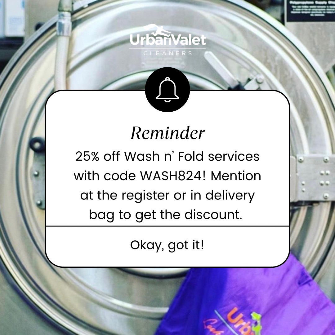 Reminder: Enjoy 25% off our wash n fold services with code WASH824! Don’t forget to mention the code at the register or in your delivery bag to receive the discount! 

#summersale #august #washnfold #laundry