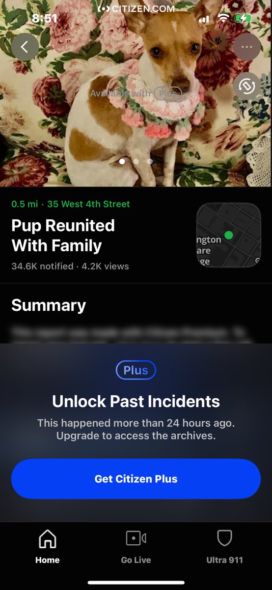 JaimeeKosanke's tweet image. I woke up to Citizen sending a police disturbance notification near my apt that now I can’t read bc of a new paywall Citizen Plus.?  Cool.  Not only does it cost $$ to be alarmed, I can’t read this sweet story about a pup on West 4th St #capitalism yayyyy