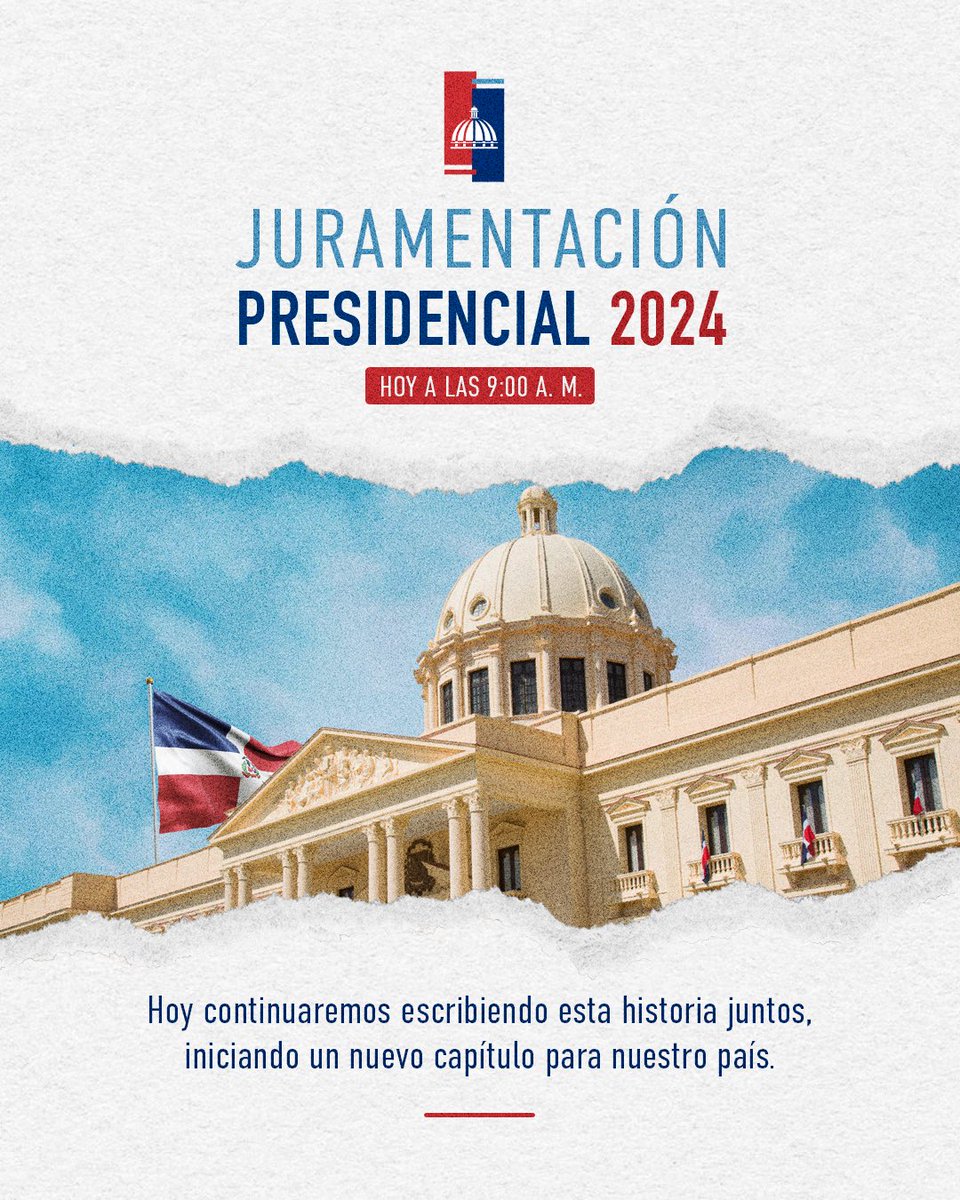 Acompáñanos hoy a las 9:00 a. m. en la transmisión en vivo de la juramentación del presidente Luis Abinader para su segundo período, a través de una red de canales nacionales y locales de televisión y redes sociales.  🇩🇴🤝

#JuramentaciónPresidencial2024