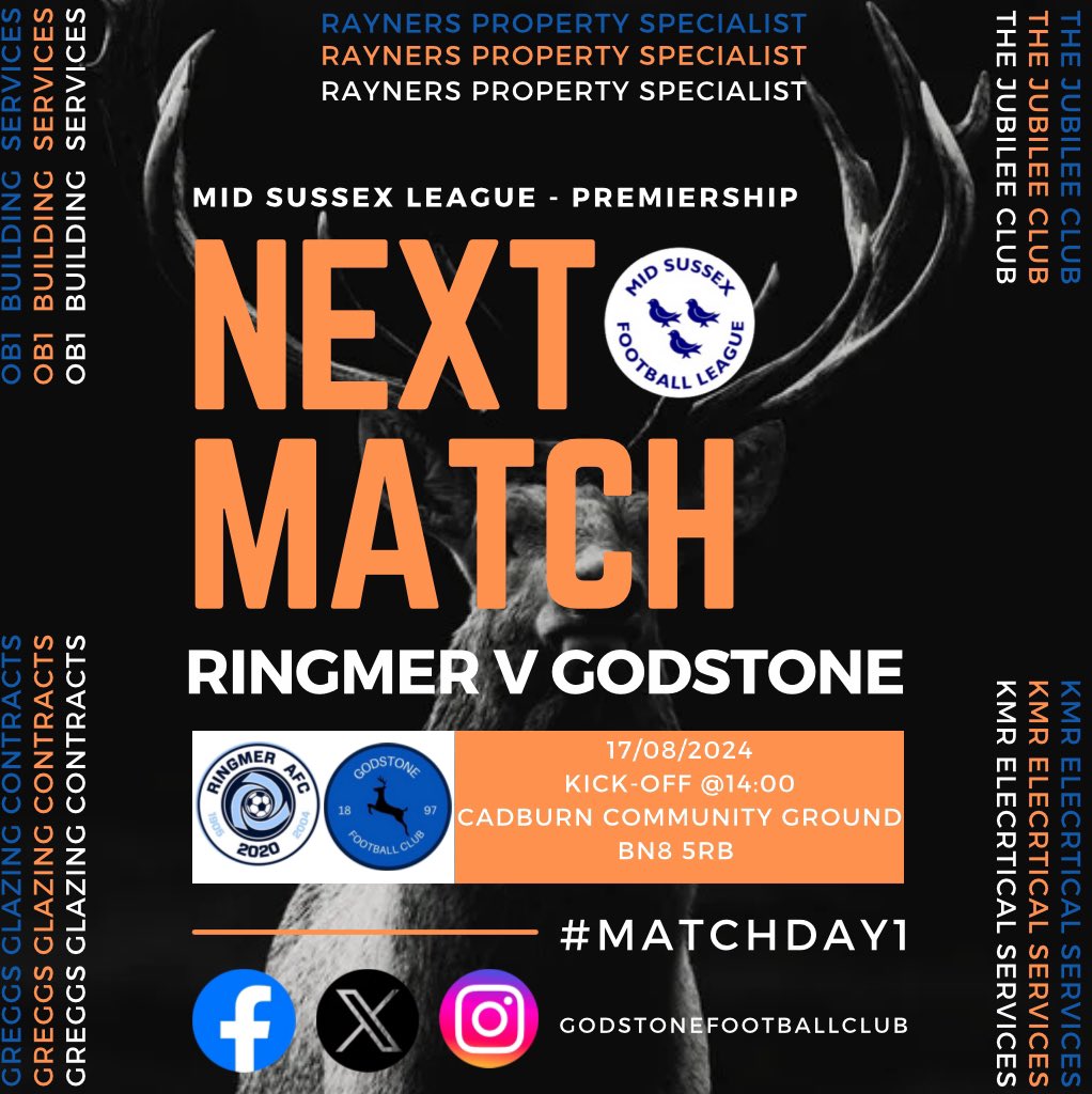 The Bucks are back.. 🦌💙🖤

⚽️ Mid Sussex League - Premiership 
Godstone 💙🖤🦌
🆚 <a href="/RingmerAFC/">Ringmer AFC</a> 
17/08/2024
📍Cadburn Community Ground, BN8 5RB
🕑 14:00 KO